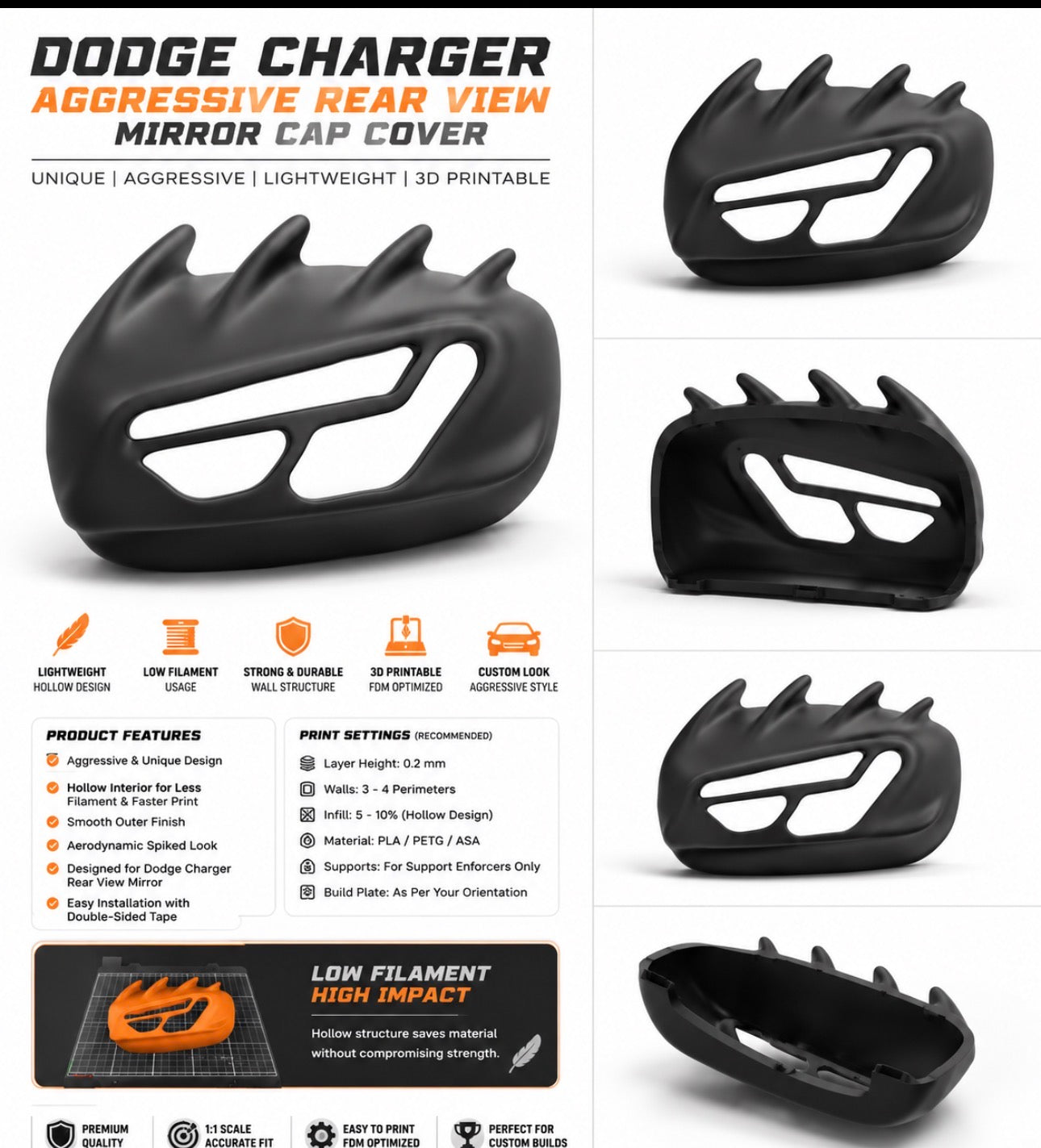 Dodge Charger Aggressive Rear View Mirror Cap Cover – STL File